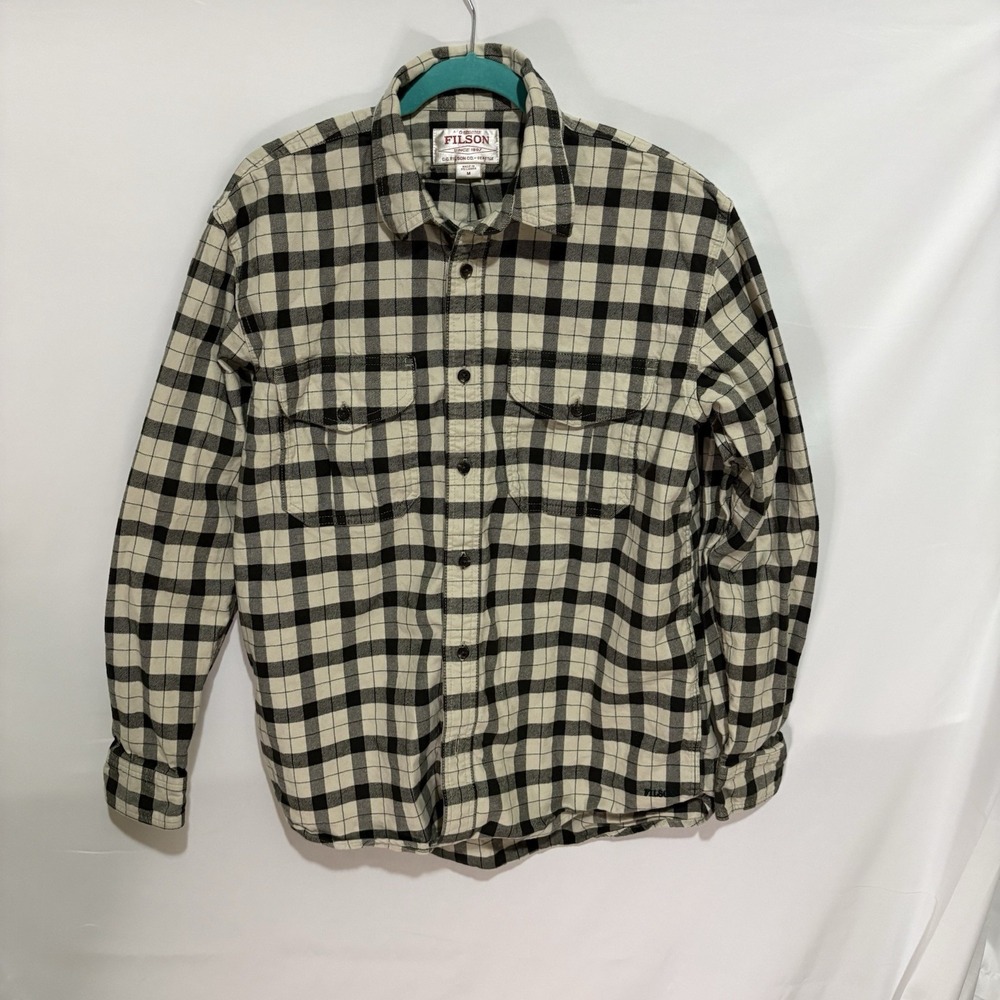 Filson Mens Plaid Button Up Long Sleeve Flannel Shirt White Black Medium